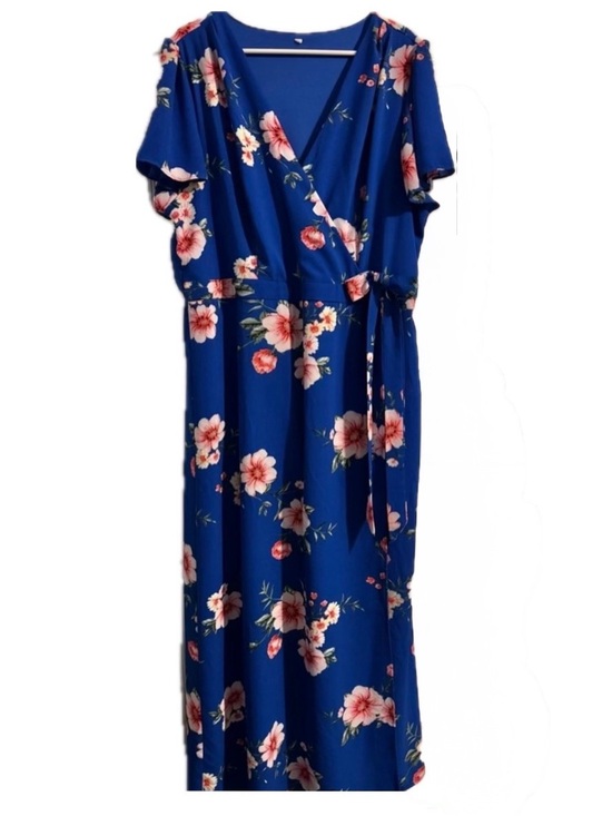 RNB Dresses & Skirts - Vibrant Floral Dress 18/20 Blue & Botanical Pinks Faux-wrap Midi